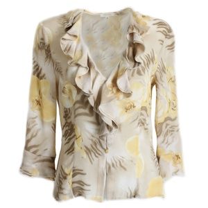 Escada Silk Blouse Ruffle Collar & Sleeves Abstract Floral Print Sz 36